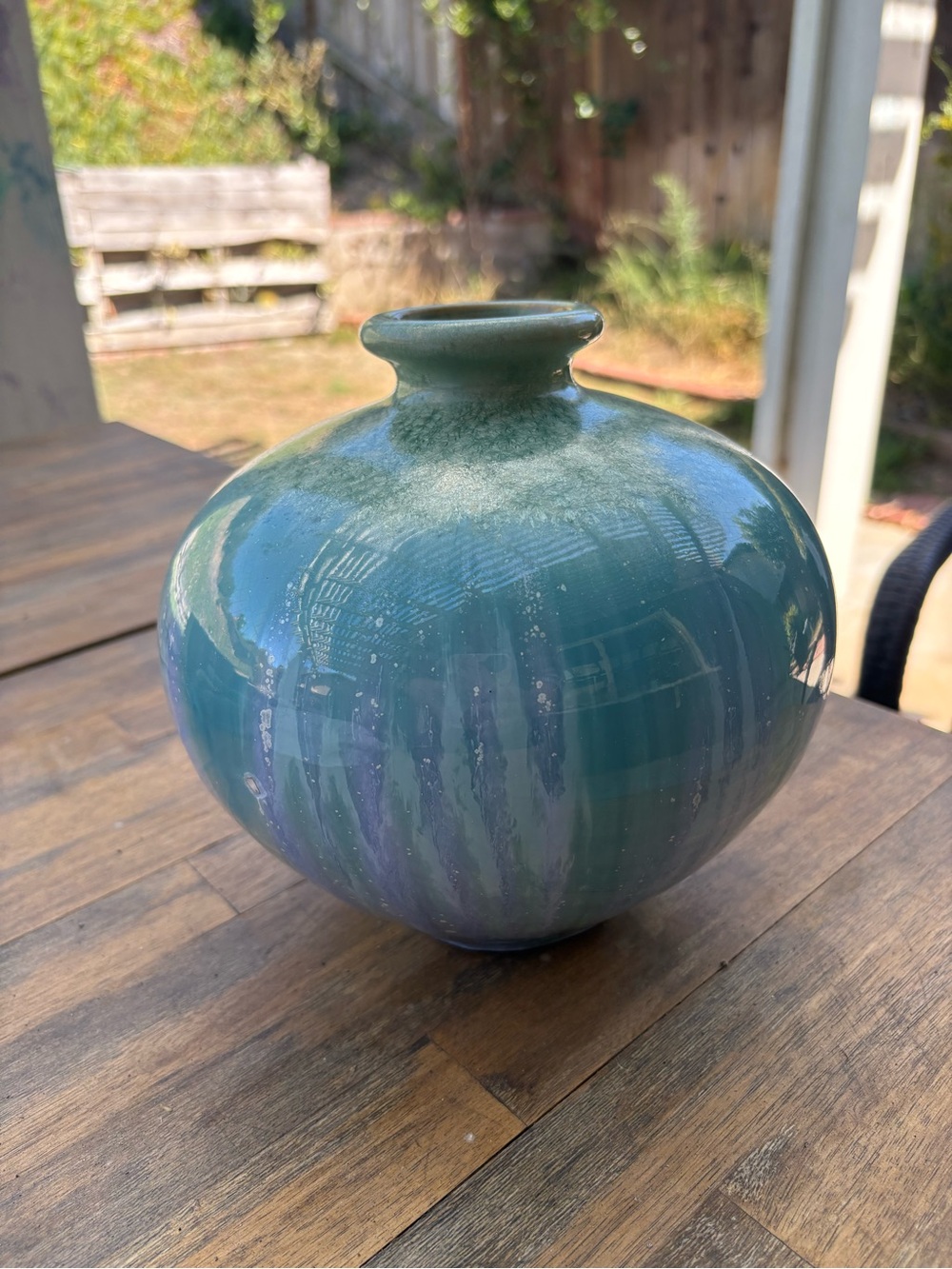 Unique Teal Light Purple Green Drip Crackle Crystalline Glaze Bulb Vase ~8”